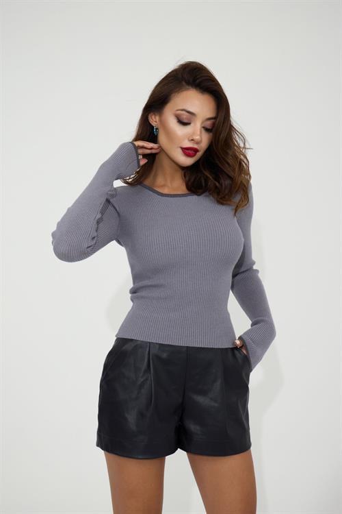 Knit Basic Neck Striped Sweater - Gray-Black