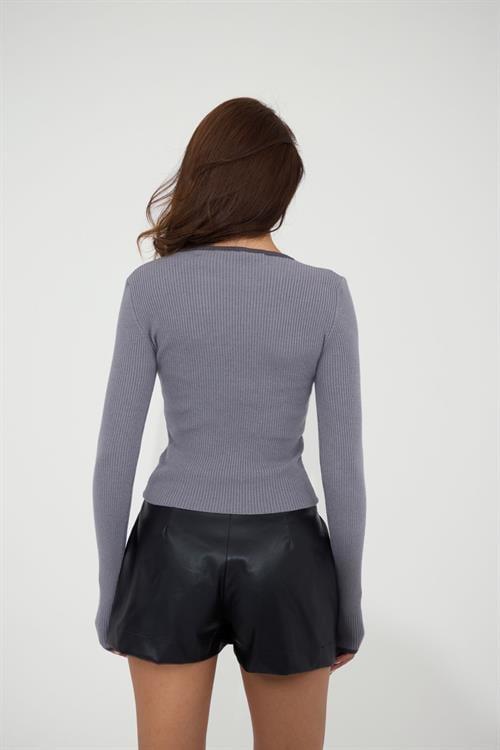 Knit Basic Neck Striped Sweater - Gray-Black