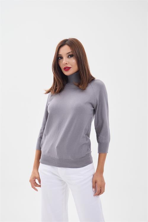 Knit Fitted Sleeve Turtleneck Sweater - Gray