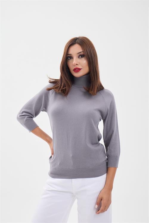 Knit Fitted Sleeve Turtleneck Sweater - Gray