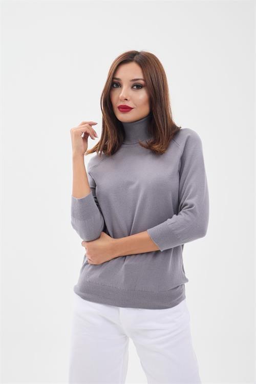 Knit Fitted Sleeve Turtleneck Sweater - Gray