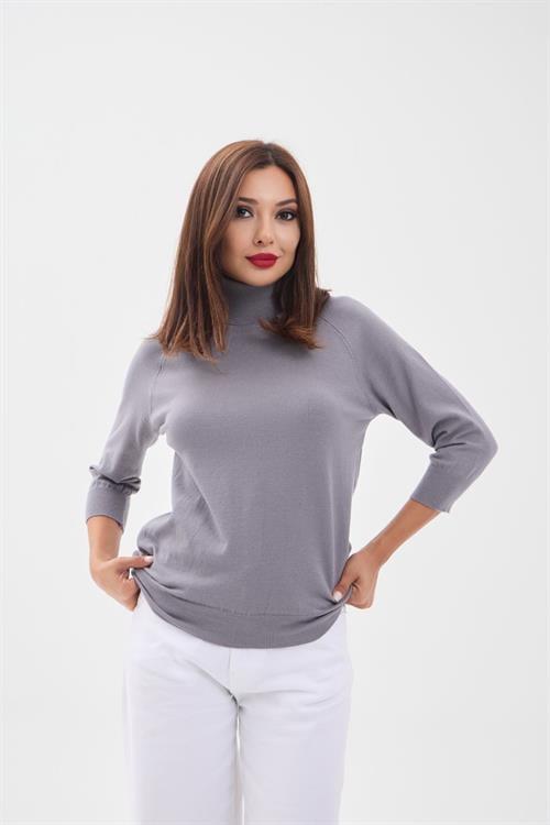 Knit Fitted Sleeve Turtleneck Sweater - Gray