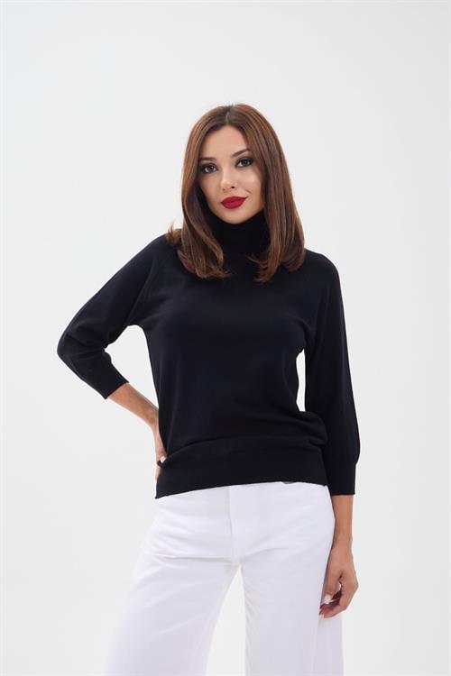 Knit Fitted Sleeve Turtleneck Sweater - Black