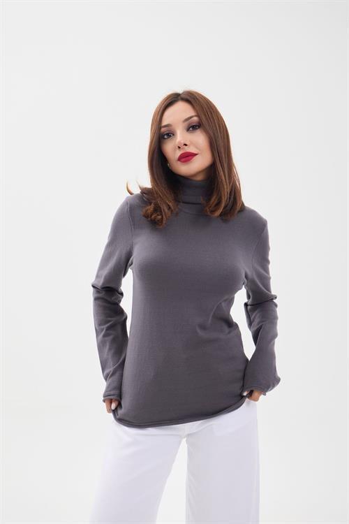 Knit Plain Turtleneck Oversized Sweater - Anthracite