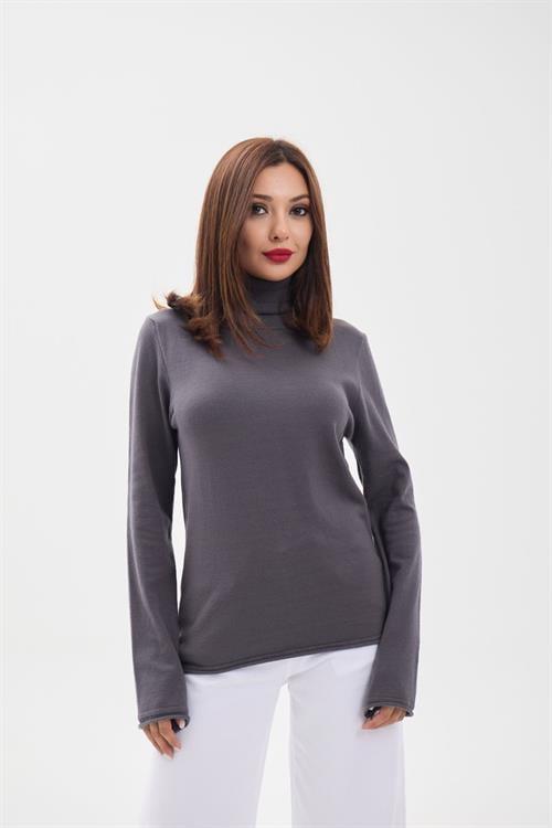 Knit Plain Turtleneck Oversized Sweater - Anthracite