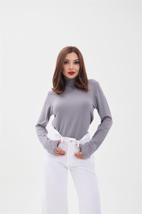 Knit Plain Turtleneck Oversized Sweater - Gray