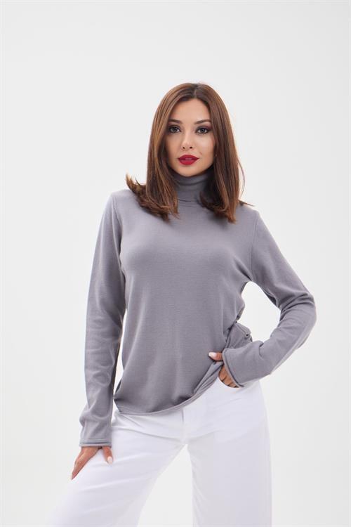 Knit Plain Turtleneck Oversized Sweater - Gray