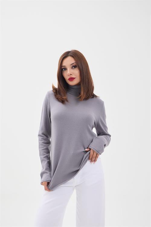 Knit Plain Turtleneck Oversized Sweater - Gray