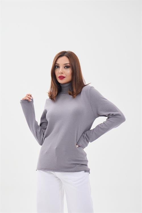 Knit Plain Turtleneck Oversized Sweater - Gray