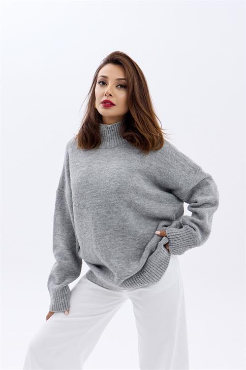 Knit Half Turtleneck Oversized Sweater - Gray