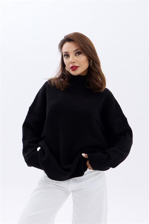 Knit Half Turtleneck Oversized Sweater - Black