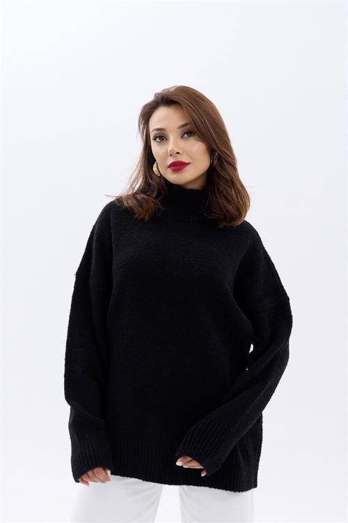 Knit Half Turtleneck Oversized Sweater - Black