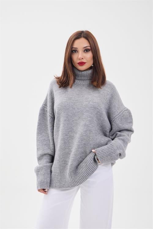 Knit Turtleneck Oversized Sweater - Gray
