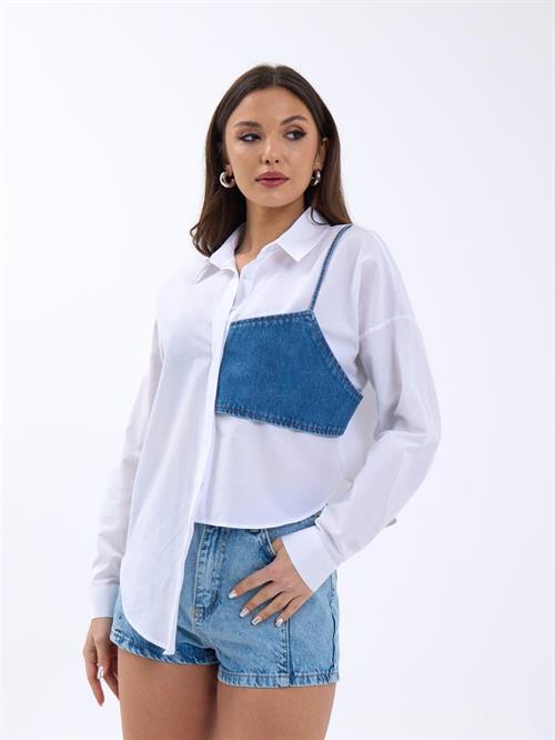 Wholesale Women White Shirts with Blue Pockets