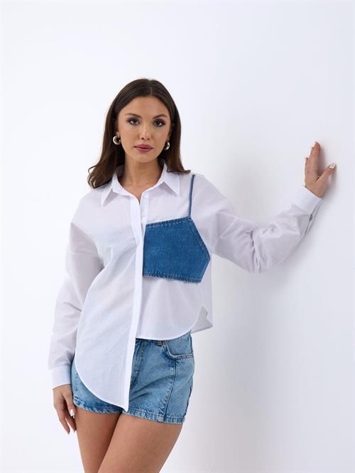 Wholesale Women White Shirts with Blue Pockets