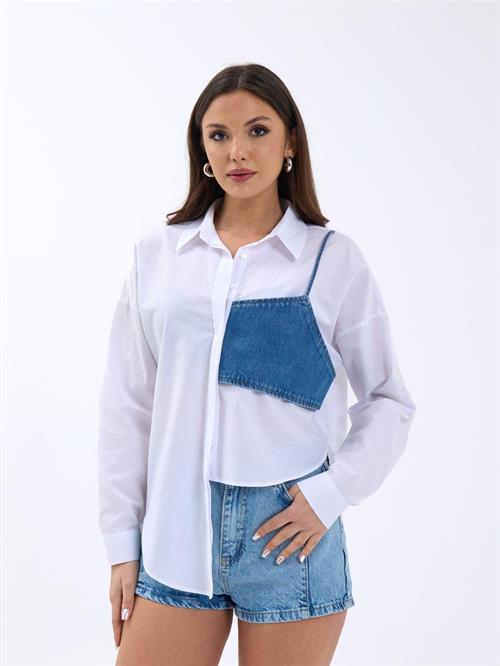 Wholesale Women White Shirts with Blue Pockets