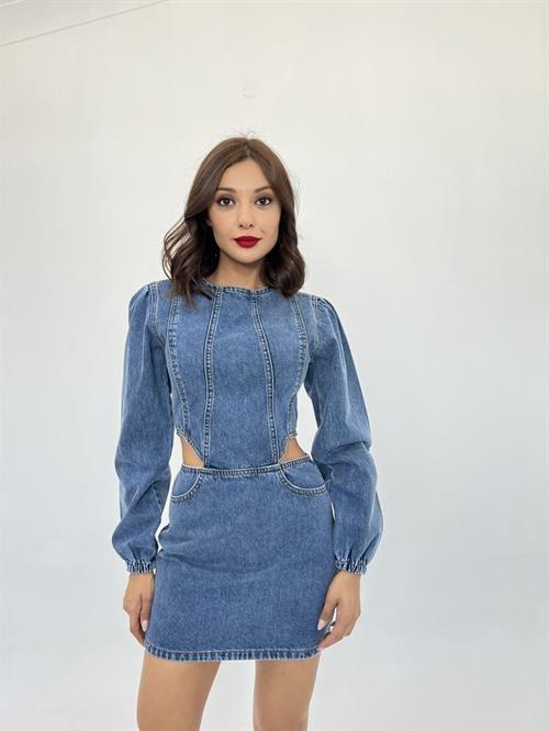 Wholesale Womens Wındowed Denim Dress Blue