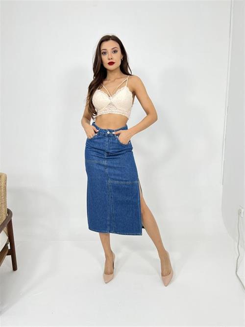 Wholesale Womens Slipped Midi Skirt-Blue
