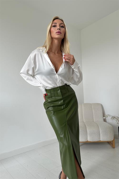 Wholesale Khaki Leather Skirt with Front Slit