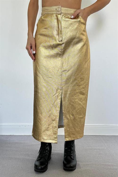 Wholesale Gold Foil Printed Skirt with Front Slit