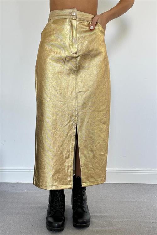 Wholesale Gold Foil Printed Skirt with Front Slit