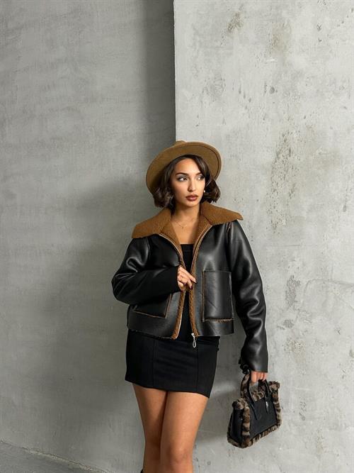 Amine Leather Wholesale Coat with Zipper - Black Coffee