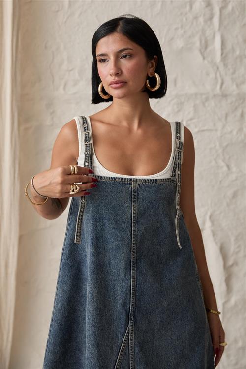 Toptan Mavi Askı Aparatlı Kot Elbise