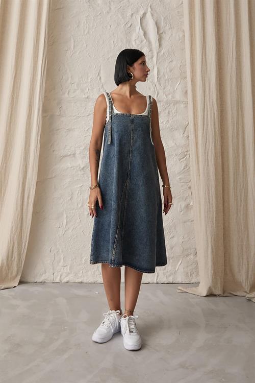 Toptan Mavi Askı Aparatlı Kot Elbise