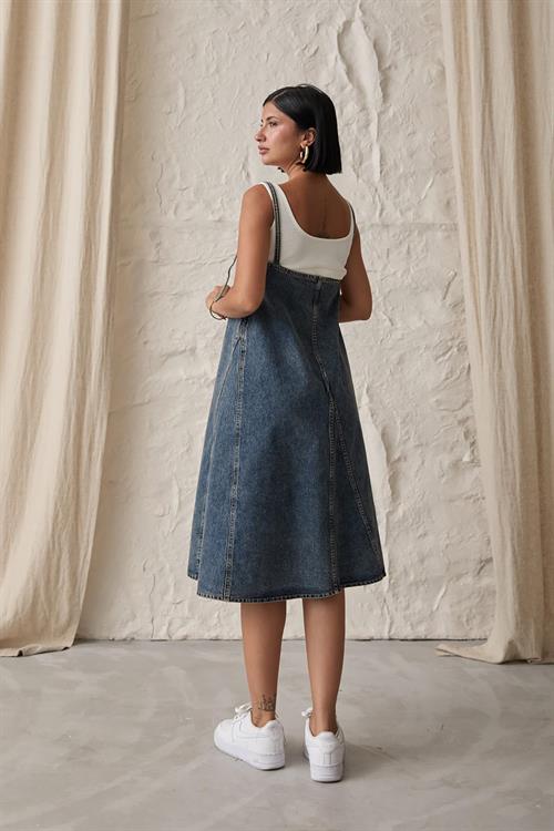 Toptan Mavi Askı Aparatlı Kot Elbise