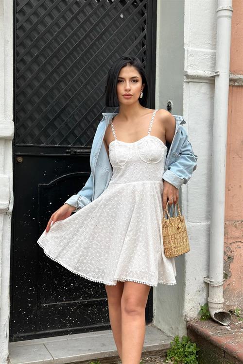 Wholesale White Embroidered Strappy Mini Dress
