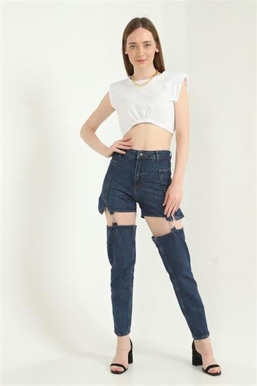 Toptan Mavi Askılı İki Parça Jeans Pantolon