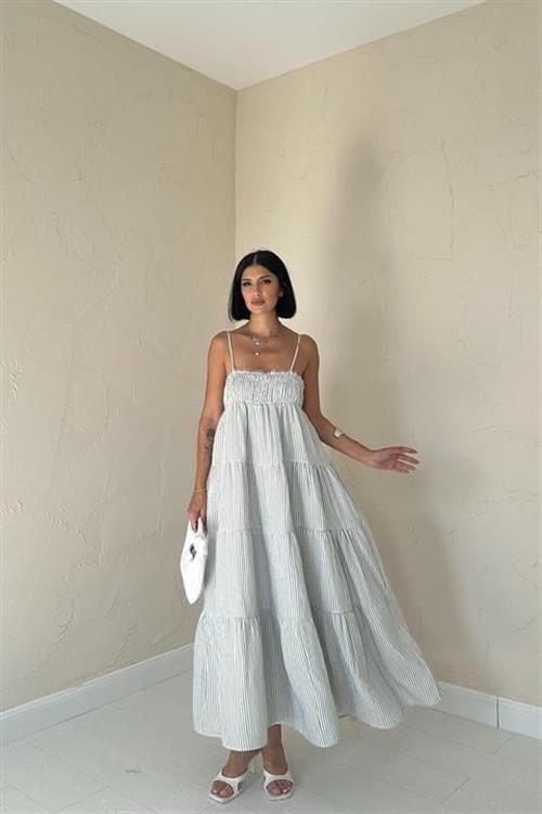 Toptan Mavi Askılı Parçalı Çizgili Müslin Elbise