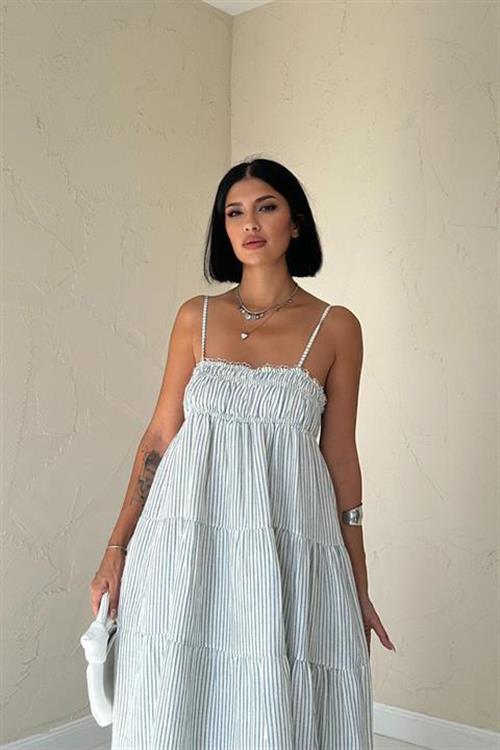 Toptan Mavi Askılı Parçalı Çizgili Müslin Elbise