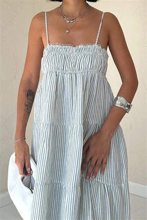 Toptan Mavi Askılı Parçalı Çizgili Müslin Elbise