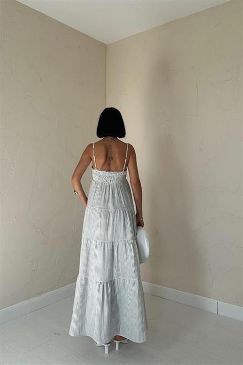 Toptan Mavi Askılı Parçalı Çizgili Müslin Elbise