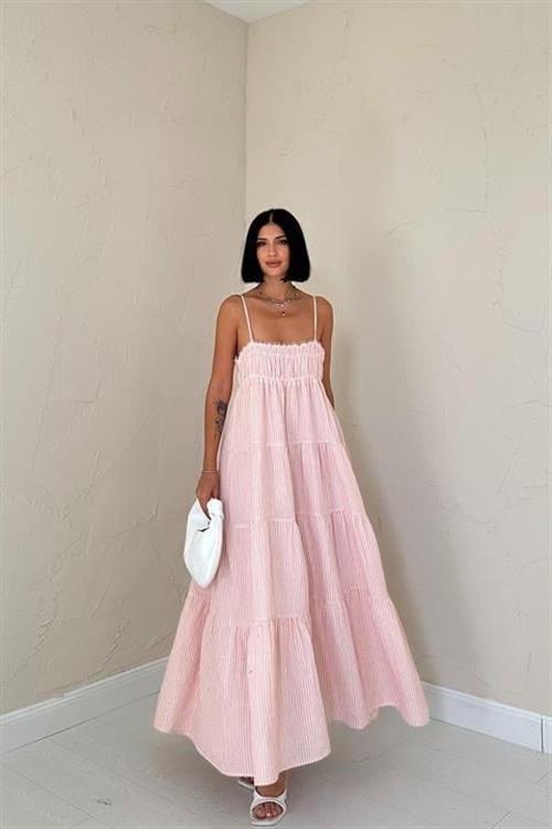 Toptan Pembe Askılı Parçalı Çizgili Müslin Elbise