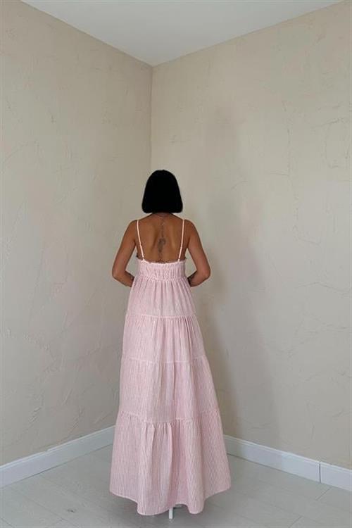 Toptan Pembe Askılı Parçalı Çizgili Müslin Elbise