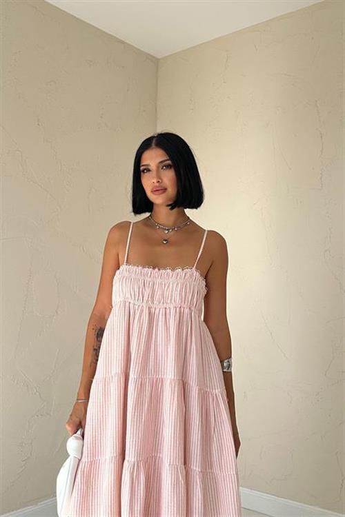 Toptan Pembe Askılı Parçalı Çizgili Müslin Elbise