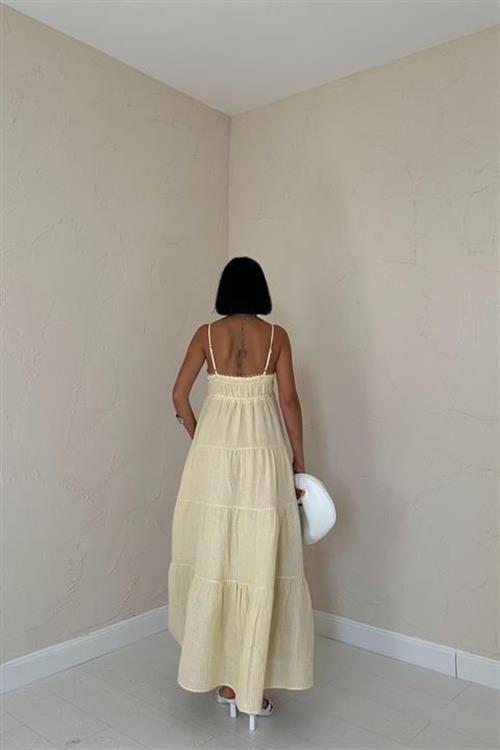 Toptan Sarı Askılı Parçalı Çizgili Müslin Elbise