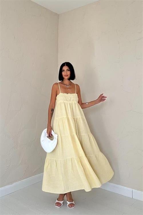 Toptan Sarı Askılı Parçalı Çizgili Müslin Elbise