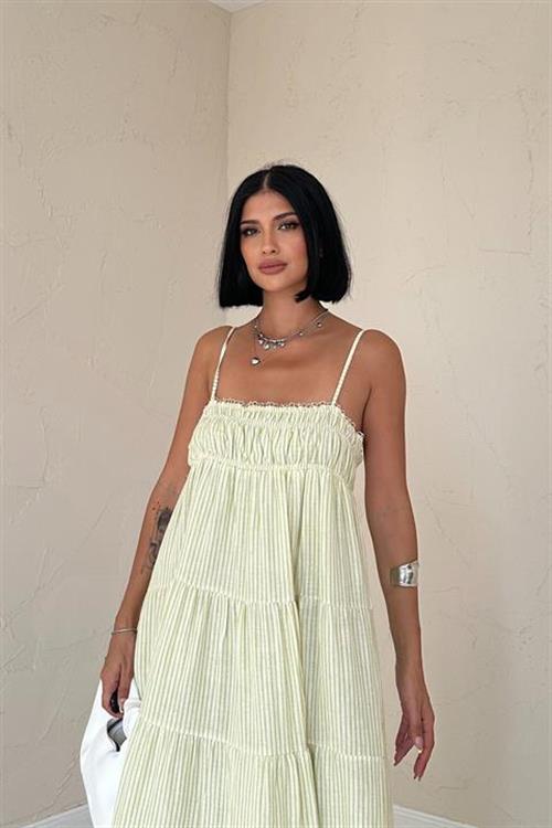 Toptan Yeşil Askılı Parçalı Çizgili Müslin Elbise