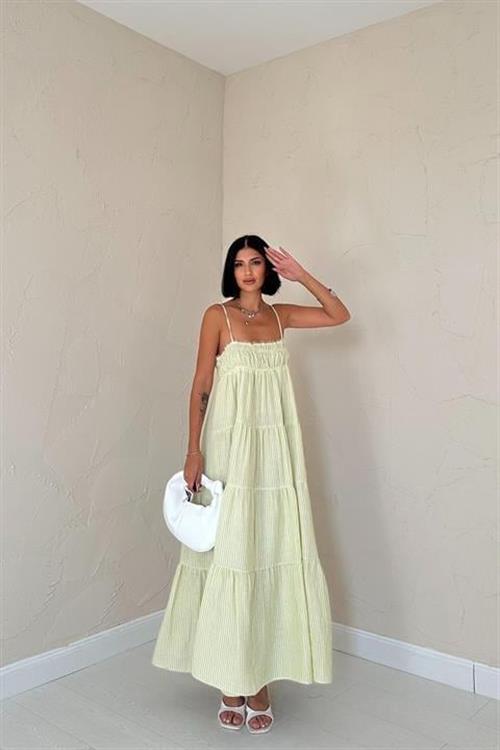 Toptan Yeşil Askılı Parçalı Çizgili Müslin Elbise