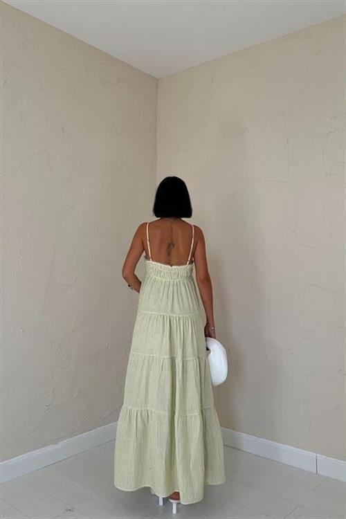 Toptan Yeşil Askılı Parçalı Çizgili Müslin Elbise