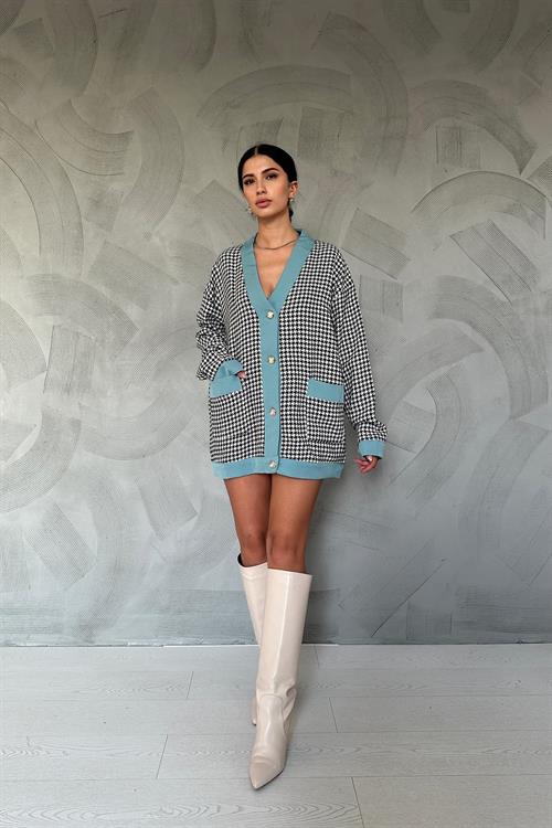 Wholesale Houndstooth Patterned Cardigan with Contrast Trim