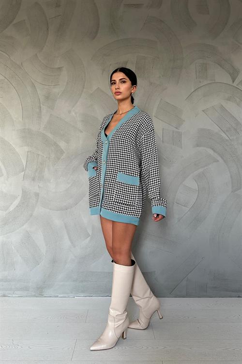 Wholesale Houndstooth Patterned Cardigan with Contrast Trim