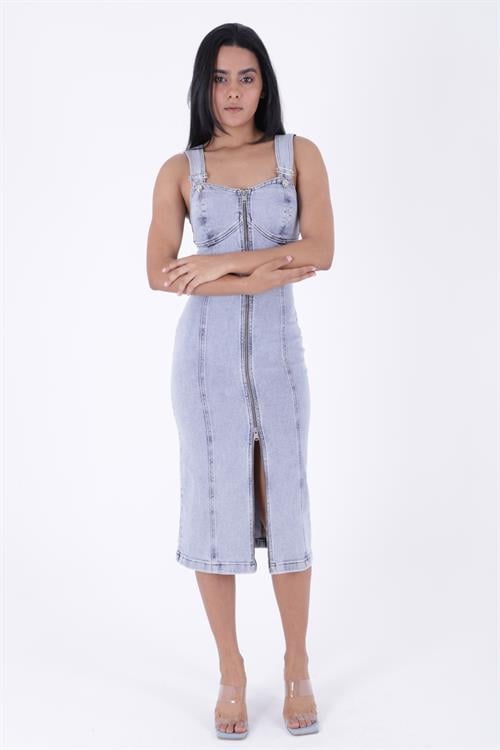 Ayarlanabilir Askılı Kot Elbise 3021-08-(S-XL)