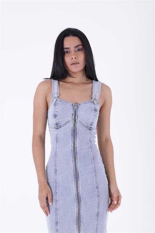 Ayarlanabilir Askılı Kot Elbise 3021-08-(S-XL)