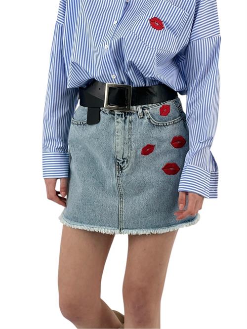 Denim Mini Skirt with Lip Embroidery Detail