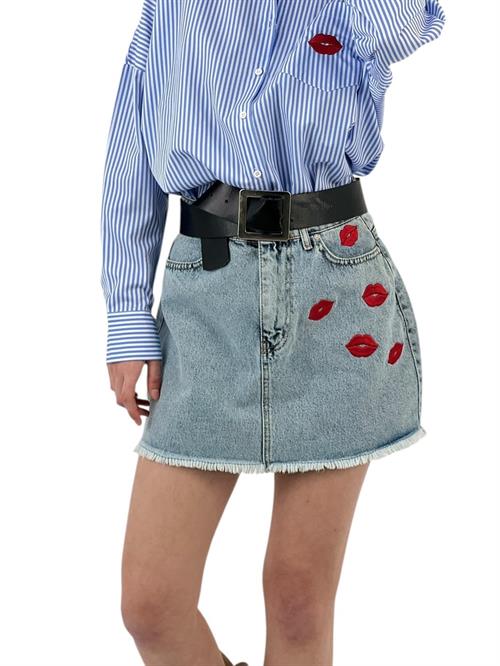 Denim Mini Skirt with Lip Embroidery Detail
