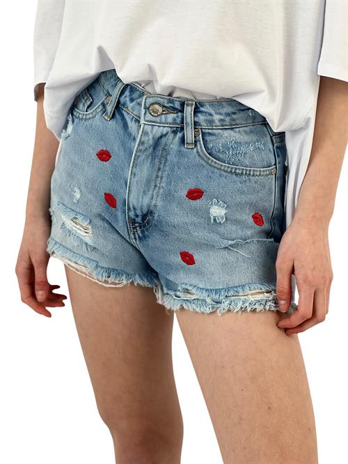 Ripped Denim Shorts with Lip Embroidery Detail